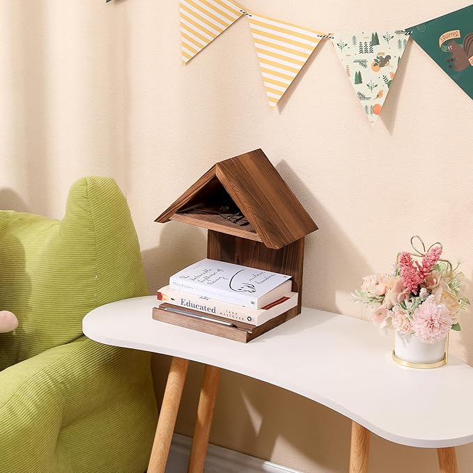 Floating Bedside Wood Bookshelf, Triangle Book Page Holder, Wooden Simple Bookcase for Bedroom Nightstand Library Office or Wall Decor Storage (Brown