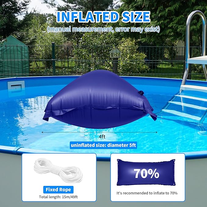 Pool Pillow for for Above Ground Pools, 4x8 Ft Pool Air Pillow for Closing Winter Pool Winterizing Kit for Ground Pool, 0.5mm PVC Material, 2X 16.5Ft Rope (Blue)
