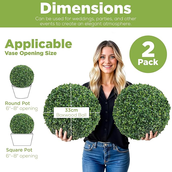 DRAY Premium 13" Faux Boxwood Balls – Set of 2 Artificial Topiary Spheres for Outdoor & Indoor Use – Realistic, UV-Resistant, Weatherproof Decorative Greenery – Check Measurements