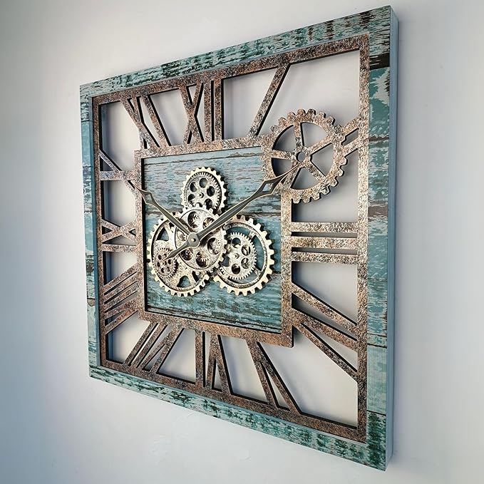 The Gears Clock 24'' Inch Square Real Moving Gear Wall Clock Vintage Industrial Oversized Rustic Farmhouse (Aqua Green)