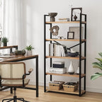 5 Tier Bookshelf Rustic Industrial Style, Storage Shelves, Metal Book Shelves Bookcase Book Shelf Display Shelf for Home Office, Living Room, Bedroom, Kitchen (31.5" W, Brown)