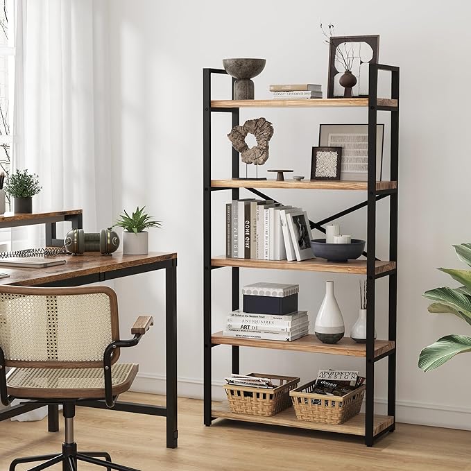 5 Tier Bookshelf Rustic Industrial Style, Storage Shelves, Metal Book Shelves Bookcase Book Shelf Display Shelf for Home Office, Living Room, Bedroom, Kitchen (31.5" W, Brown)