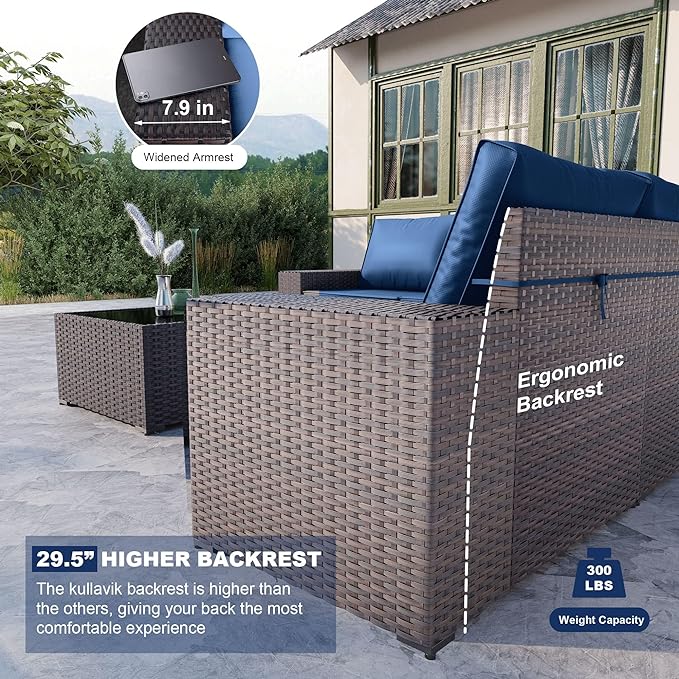 Kullavik 12PCS Outdoor Patio Furniture Set PE Wicker Rattan Sectional Sofa Patio Conversation Sets,Navy blue