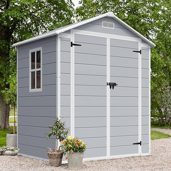 JUMMICO Outdoor Storage Shed, 6 x 4 FT Resin Shed with Floor and Lockable Door, Plastic Garden Tool Outside Sheds for Patio Backyard Lawn