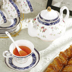 fanquare Bone China Tea Sets for Adults, 21-Piece Blue Lace and Roses Porcelain Tea Service with Sugar Bowl & Creamer, English Cremic Floral Teacups Set of 6 for Women Tea Party | Porcelain Tea Service with Sugar Bowl and Creamer, English Floral Cerami...