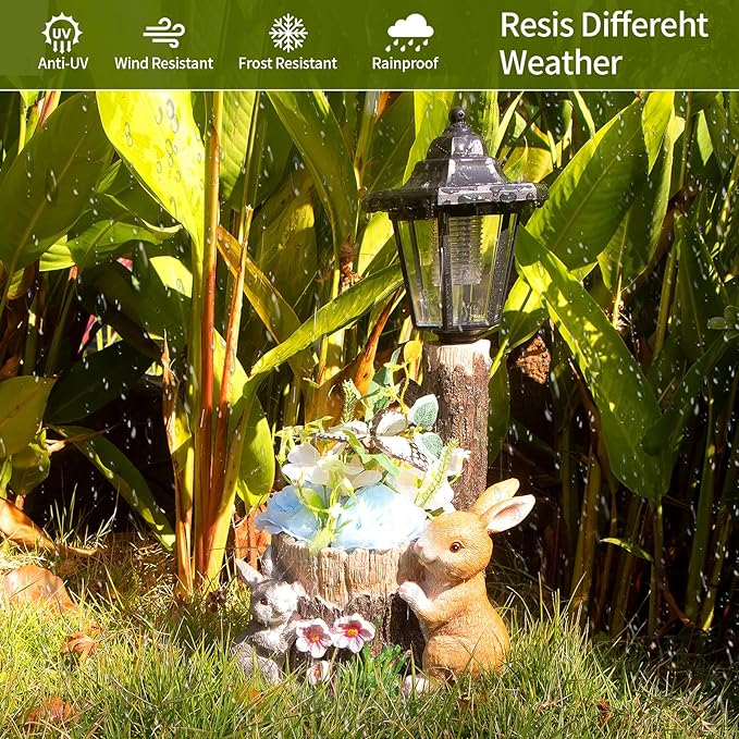 Solar Bunny Garden Stalue Outdoor, Rabbits Figurine Flowerpot Decolwith Solar Lantem for Yard Art Lawn Ornaments Porch Patio Balcony - Gardening Gifts for Women Mom