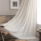 Sutuo Home Boho Curtain Crochet Lace Semi-Sheer Florals Hollow Knitted Handmade Tassels, Rod Pocket Window Treatment Vintage Rustic Farmhouse Drapes for Living Bedroom, 1 Panel 59" W x 108" L, Beige
