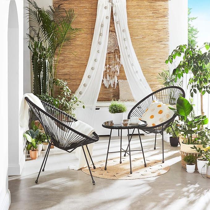 SONGMICS 3-Piece Outdoor Seating Acapulco Chair, Modern Patio Furniture Set, Glass Top Table and 2 Chairs, Indoor and Outdoor Conversation Bistro Set, Ink Black UGGF011B01