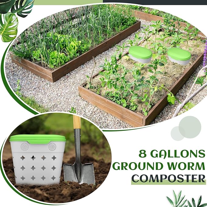 2 Pack InGround Worm Composter,8 Gallon Outdoor Compost Bin for Garden Beds,14.3 x 7.3 x 16.8 inches Vermicomposting Worm Farm System for Kitchen Waste