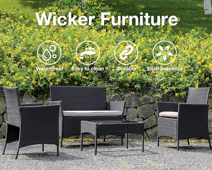 Outdoor Patio Furniture Sets 4 Pieces Patio Set Rattan Chair Wicker Sofa Conversation Set Patio Chair for Backyard Lawn Porch Poolside Balcony Garden Furniture Sets with Coffee Table (Black)