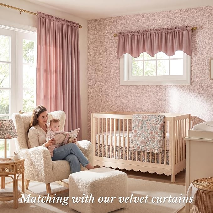 Dusty Rose Valance for Windows 52x18 Inch 1 Panel | Spring Decor, Elegant Wavy Mauve Kitchen Curtains, Soft Decorative Velvet Window Treatment for Girls Room, Bedroom, Bathroom