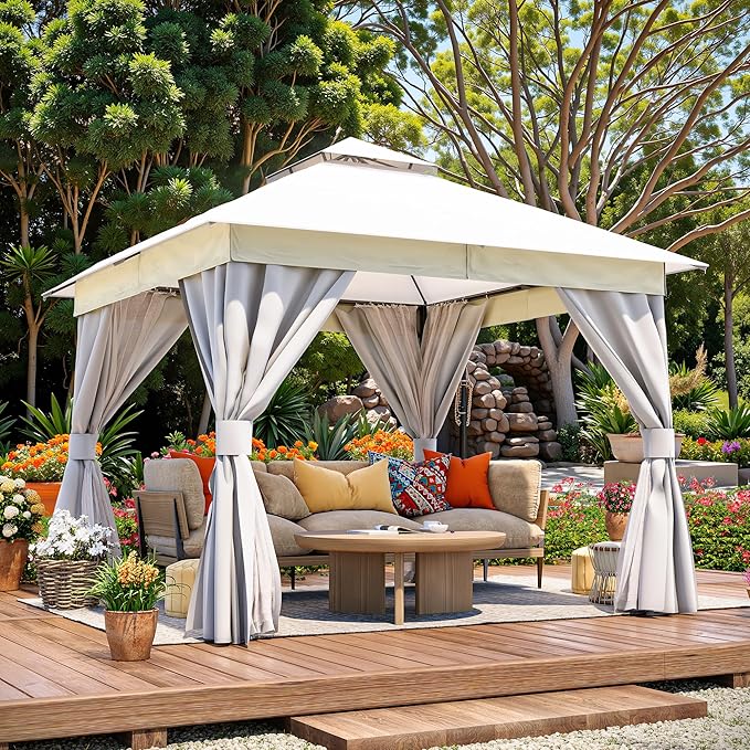 LAUSAINT HOME Outdoor Patio Gazebo 10'x10' with Expansion Bolts, Heavy Duty Gazebos Shelter Party Tent with Double Roofs, Mosquito Nettings and Privacy Screens for Backyard, Garden, Lawn, Cream White