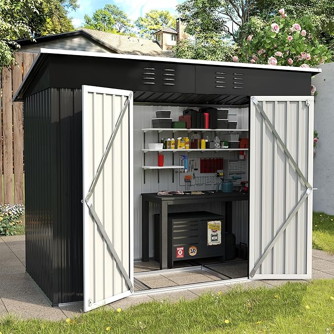 UDPATIO Outdoor Storage Shed 8x4 FT, Outside Sheds & Outdoor Storage Metal Galvanized Steel Yard, Patio, Lawn, Tool Shed with Lockable Door for Can, Bike, Lawnmower,Dark Grey