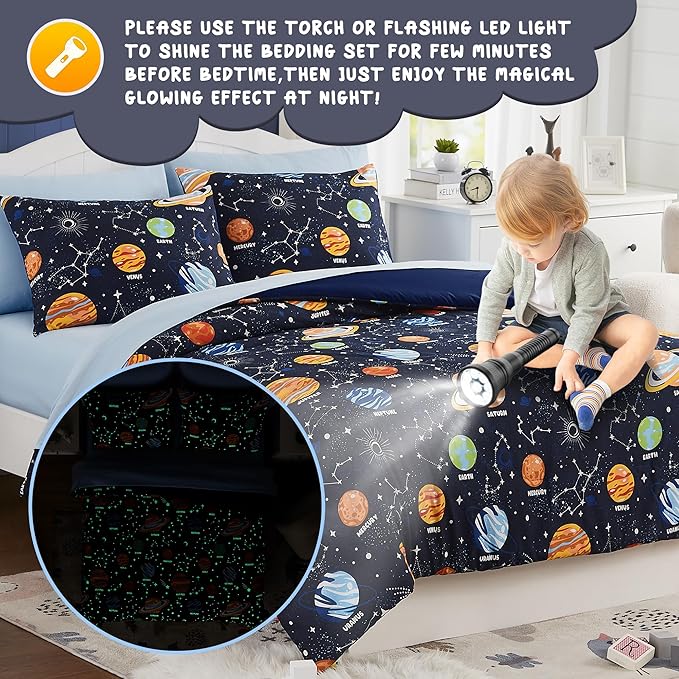 Twin Comforter Set with Sheets - 5 Pieces Kids Twin Bedding Sets, Glow in The Dark Space Twin Bed in a Bag with Comforter, Sheets, Pillowcase & Sham