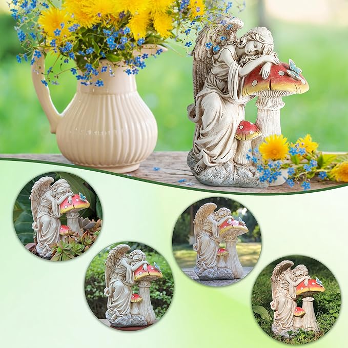 Outdoor Angel on Mushrooms Statue for Garden Decor, Sleep Angel Garden Statues Religious Decorations for Patio Yard Porch Lawn, Angels Garden Sculptures, Home Angel Figurines, Memorial Gifts