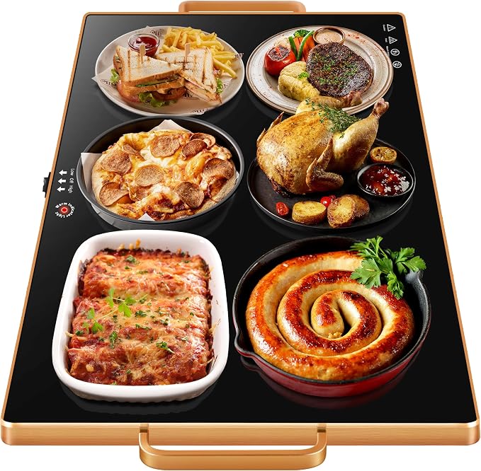 Warming Trays for Buffets Party, 32"x18", Tempered Glass Food Warmer, Black | Keep Food Warm, Gold Handles Food Warming Mat for Daily Use, With Thermostat, Button Temperature Control, Full Surface Warm