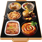 Warming Trays for Buffets Party, 32"x18", Tempered Glass Food Warmer, Black | Keep Food Warm, Gold Handles Food Warming Mat for Daily Use, With Thermostat, Button Temperature Control, Full Surface Warm