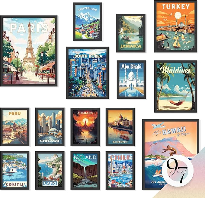 97 Decor LARGE 11x14 Vintage Travel Posters Wall Art - Retro Travel Decor For Home, Traveling Art Prints Around World Destination Pictures Famous City Artwork For Classroom (Unframed)