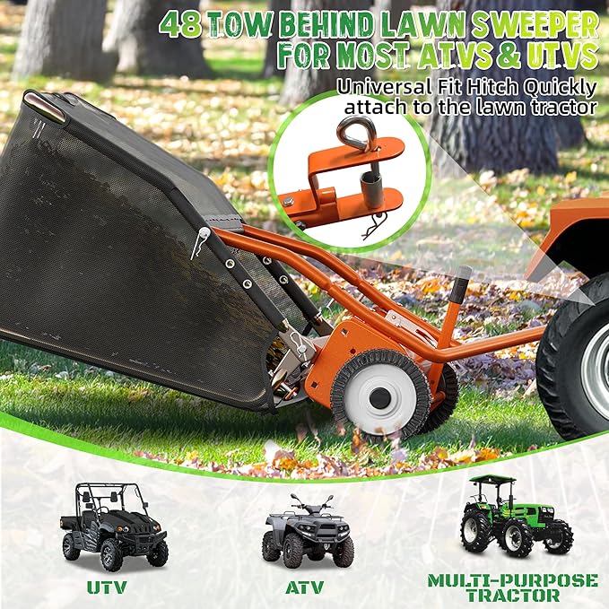 48" Lawn Sweeper Tow Behind, Grass Sweeper Tow Behind with 25.16 cu. ft Large Hopper, Heavy Duty Leaf & Grass Collector, Adjustable Brush Height Lever and Dumping Rope, Lawn and Yard Cleanup Tool