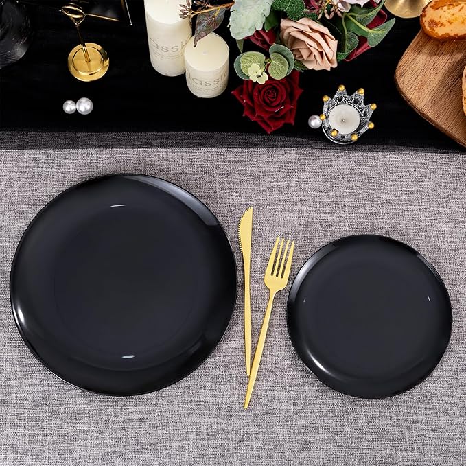 PULOTE 200PCS Black Plastic Plates - Heavy Duty Black Disposable Include 100 Each (10 inch Dinner & 7 inch Dessert) Plates, Disposable for Party, Birthday & New Year