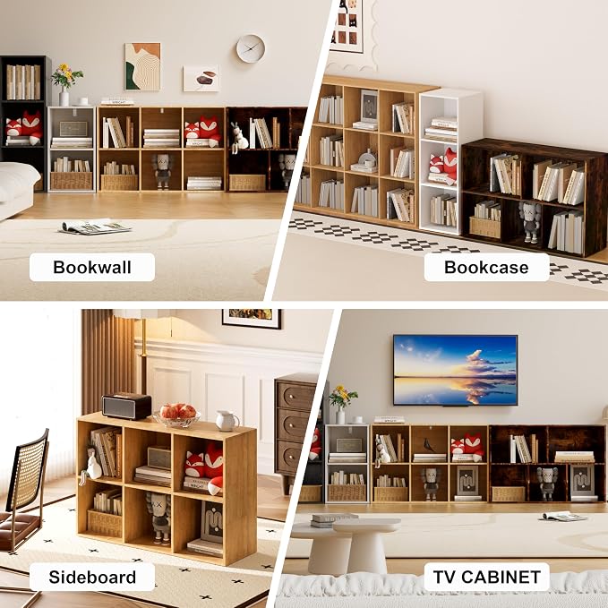 Book Shelf, Wooden Cube Storage Organizer with 11" Open Cubes, Stackable Modular Bookcase for Room Divider Storage, 2 Tier Bookshelf for Living Room, Bedroom, Office (Oak, 5-Cube)