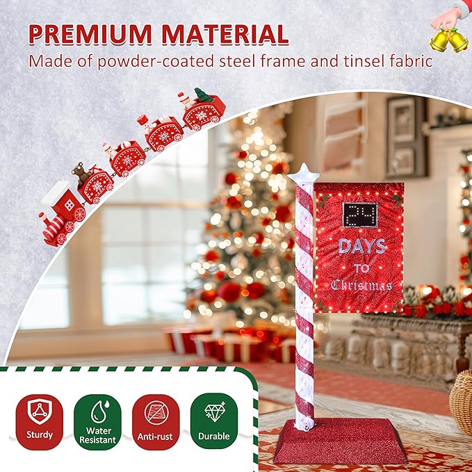 5FT Lighted Christmas Countdown Sign, Remote Control Available Within 0-60 Days, Holiday Countdown Sign Decor with 125 LED Lights, Freestanding Glittered Holiday Display for Outdoor, Indoor