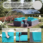 Kullavik 15 Pieces Outdoor Patio Furniture Set with 43" Gas Propane Fire Pit Table PE Wicker Rattan Sectional Sofa Patio Conversation Sets,Blue Cushions