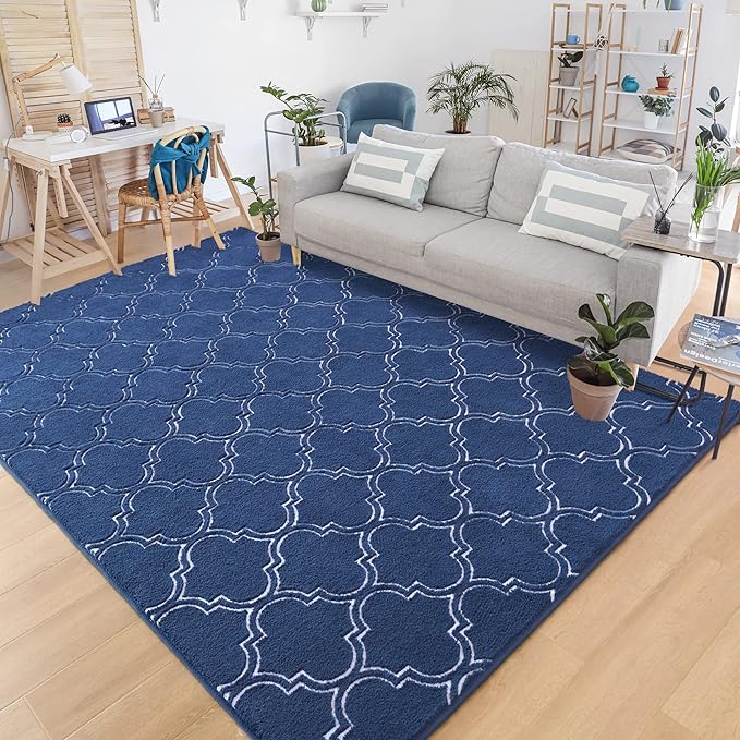 Chicrug Shag Geometric Modern Area Rug for Living Room, 7x10 Feet Large Memory Foam Indoor Carpet, Fluffy Rug for Bedroom Bedside Room Decor for Family Girls Kids Nursery, Navy/White