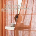 LAMIT Burnt Orange Linen Curtains 48 Inch Length for Kitchen, Semi Sheer Light Filtering Panels Bronze Grommet Small Window Drapes for Basement, 2 Panels, 34 x 48 Inch