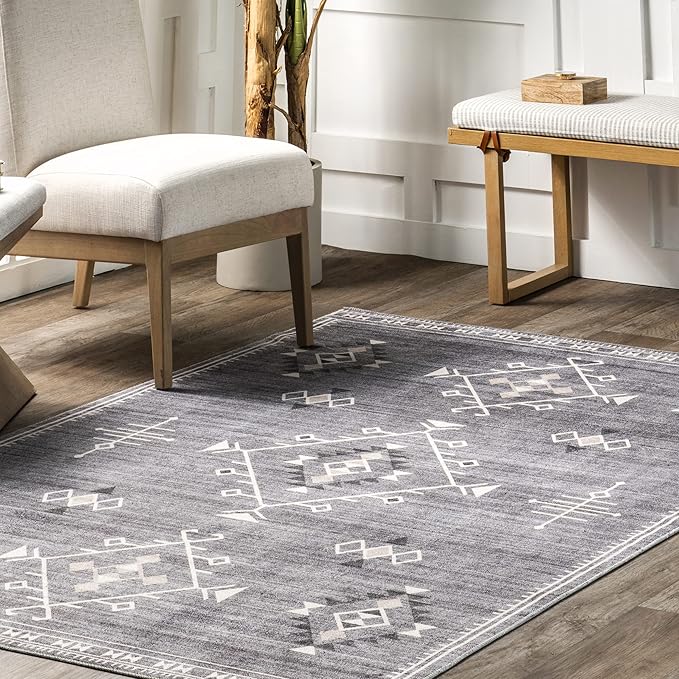 nuLOOM Evalyn Southwestern Machine Washable Ultra Thin Accent Rug, 3' x 5', Grey