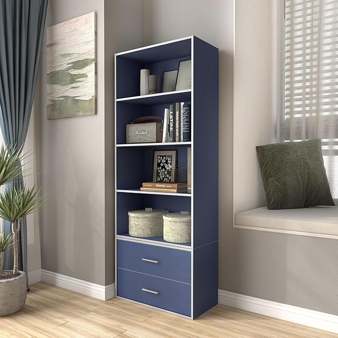 Apexa 4-Tier Cube Storage Organizer Shelves, Stackable Wood Bookcase Fits Cubby Bins for Organization, Dorm Teen Room Decor & Home Office, Steel Blue