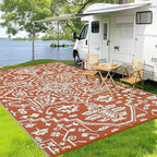 Outdoor Rug 8x10 Waterproof Reversible Plastic Straw Mat, UV-Resistant Vintage Medallion Camping Carpet for Patio, Deck, Balcony, Picnic, Large Outside Floor Mat, Vintage Terracotta Brick/White