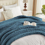 Carriediosa Chunky Knit Throw Blanket 60" X 80" Twin, 100% Hand Made Large Chenille Loop Yarn Soft Fluffy Throws for Couch Sofa Bed, Big Crochet Cozy Heavy Thick Cable Woven Blankets, Lyons Blue