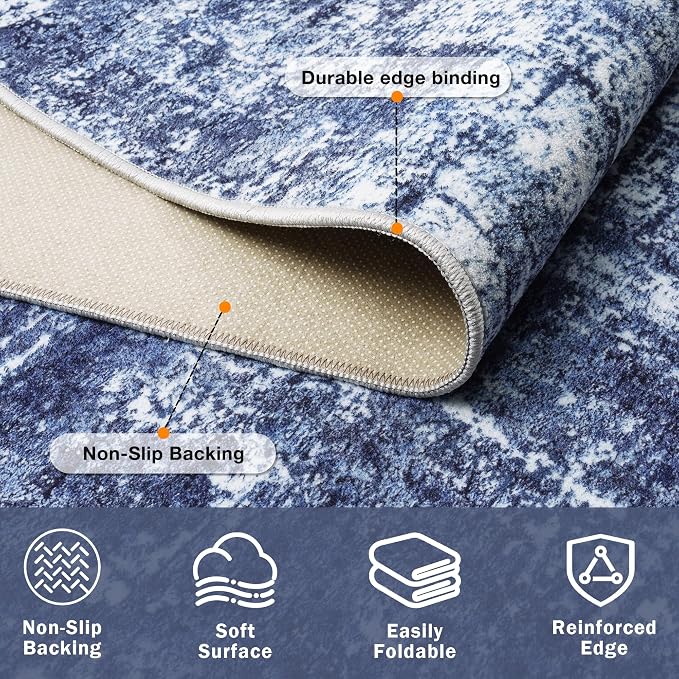 8x10 Washable Area Rug for Living Room Bedroom: Non-Slip Modern Navy Blue | Machine Washable TPR Backing, Stain-Resistant Low Pile, Pet & Kid Friendly, Abstract Decor for Dining Room, Dorm, Home Office