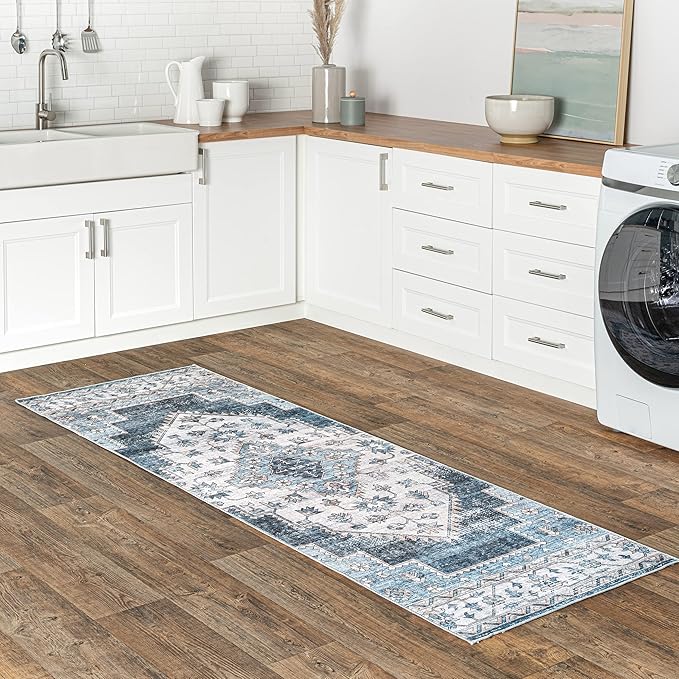 nuLOOM Dania Machine Washable Medallion Ultra Thin Runner Rug, 2' 6" x 6', Navy