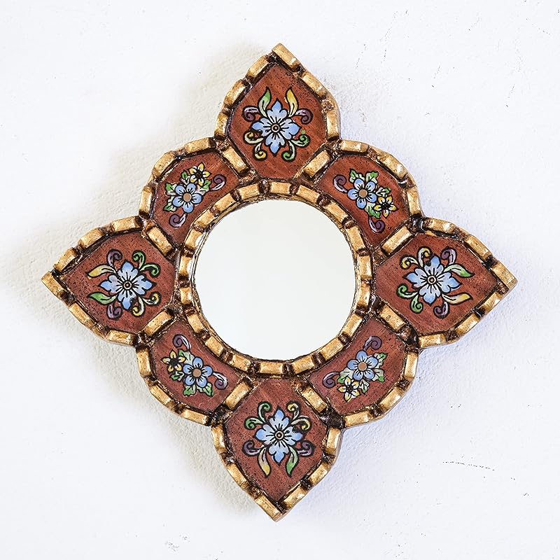 Small Decorative Wall Mirror set of 3 - Accent mirrors of 6in for wall decor, Peruvian Mirrors Vanity with bronze leaf