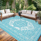 GAOMON Outdoor Rugs 8x10 Waterproof Reversible Outdoor Plastic Straw Rug, Large Patio Rugs UV-Resistant Portable RV Camping Mats, Vintage Boho Carpet for Deck Porch Garden, Light Blue & White