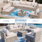 Shintenchi 7 Pieces Outdoor Patio Sectional Sofa Couch,Natural PE Wicker Furniture Conversation Sets with Washable Cushions & Glass Coffee Table for Garden, Poolside, Backyard (Khaki)