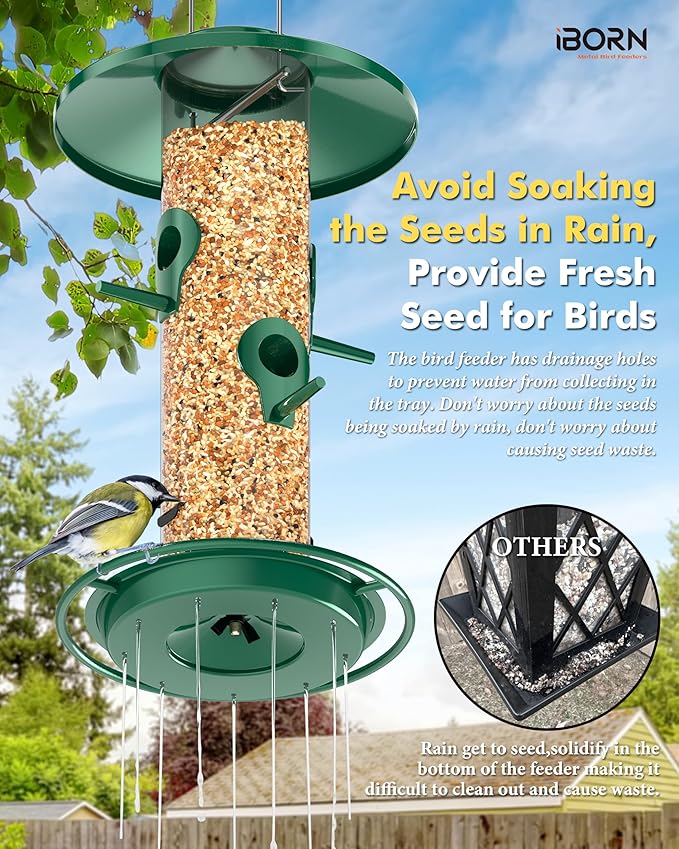 iBorn Bird Feeders for Outdoors, 2LB Metal Bird Feeders 17cm Large Roof &Tray, 4 Feeding Ports, Green Finish