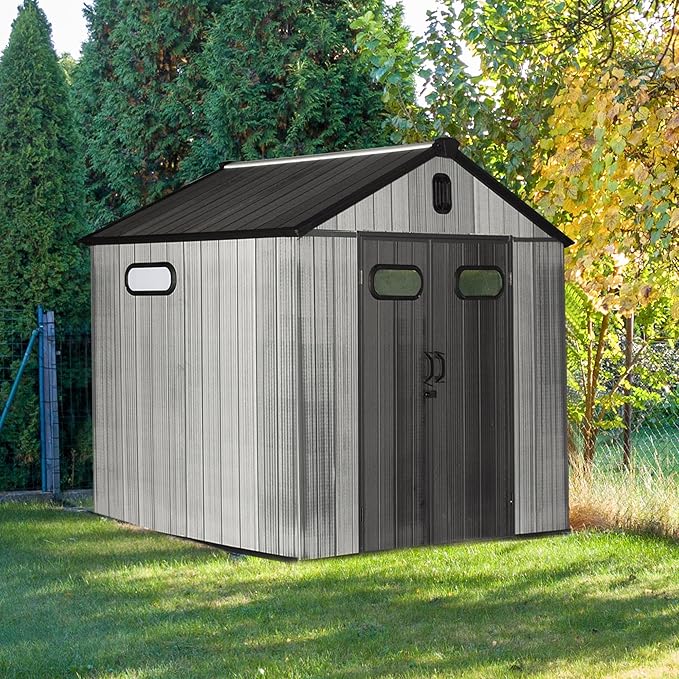 Domi 8x8 FT Outdoor Resin Storage Shed, All-Weather Double-Wall Storage Building for Backyard, Garden, Lawn Tools, Mower, Bike & Pool Equipment, Lockable Doors, Ventilated Roof, Grey