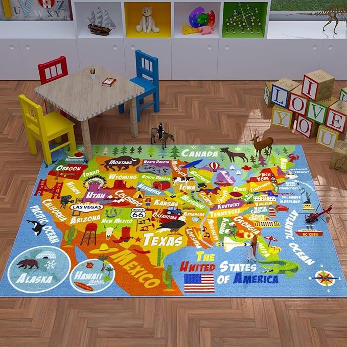 KC Cubs Playtime Collection USA United States Map Educational Learning & Game Area Rug Carpet for Kids and Children Bedrooms and Playroom (5'0" x 6'6")