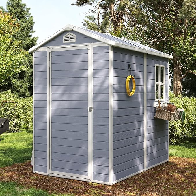 Aoxun 4 x 6 FT Outdoor Storage Shed with Window, Resin Shed with Floor & Lockable Doors, Small Garden Shed Waterproof Plastic Tool Shed with Sloped Roof for Backyard, Garden, Patio, Lawn, Grey