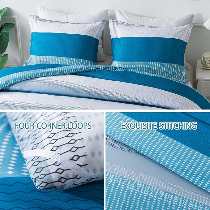 Andency Stripe Comforter Set King Size (104x90 Inch), 3 Pieces Teal Patchwork Striped Comforter, Soft Microfiber Down Alternative Comforter Bedding Set with Corner Loops
