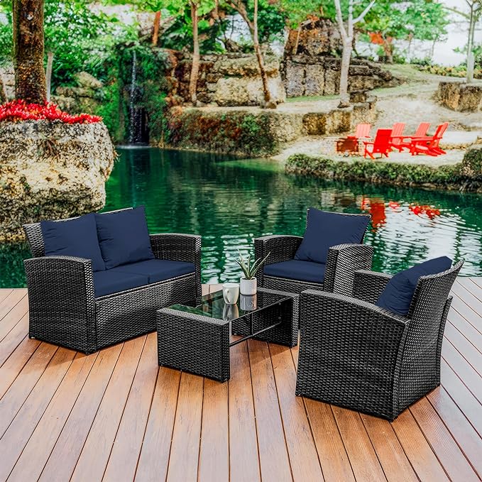 Nestl Wicker Outdoor Furniture Set - 4 Piece Patio Set (Grey/Navy)