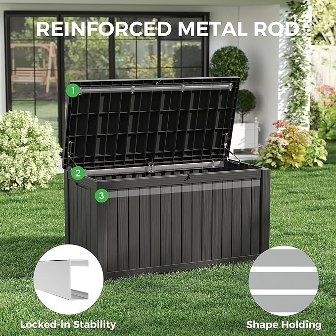 150 Gallon Resin Deck Box, Large Indoor and Outdoor Storage Box, Weatherproof and UV Resistant Outdoor Storage Box with Built-in Steel Beams for Patio, Cushions, Pool Supplies