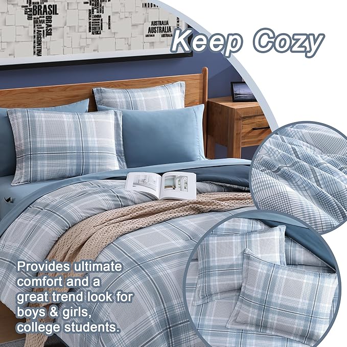 Light Blue Twin Bed Set, Plaid Twin XL Comforter Set for Boys & Girls,Classic Homestead-style Twin Comforter Set with Sheets and Comforter Set