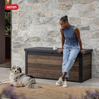 Keter Signature Collection 150 Gallon Resin Deck Box Organization and Storage Box for Patio Outdoor Cushions, Throw Pillows, Garden Tools and Pool Supplies, Walnut