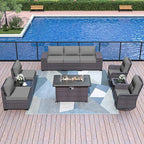 Patio Furniture Sectional Sofa Set 10-Pieces PE Rattan Swivel Rocking Chairs Outdoor Furniture Set w/43in Gas Fire Pit Table, Patio Conversation with 55000 BTU Propane Fire Pit, Grey