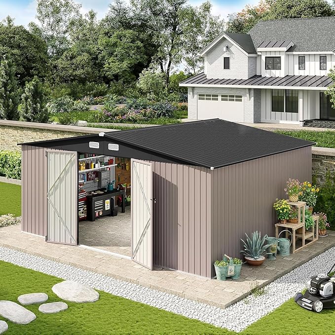 Aoxun 14x12 FT Large Shed Outdoor Storage Shed with 2 Large and Tall Doors, Utility Tool Shed Storage House with Lock, Metal Sheds with Sloped Roof for Patio Garden Lawn, Brown