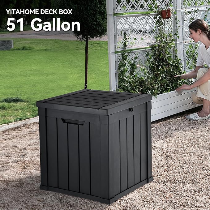 YITAHOME Deck Box, 51 Gallon Weatherproof Outdoor Storage Container for Patio Cushions, Pool Supplies, Garden Tools, Lockable Lid and Side Handles, Black